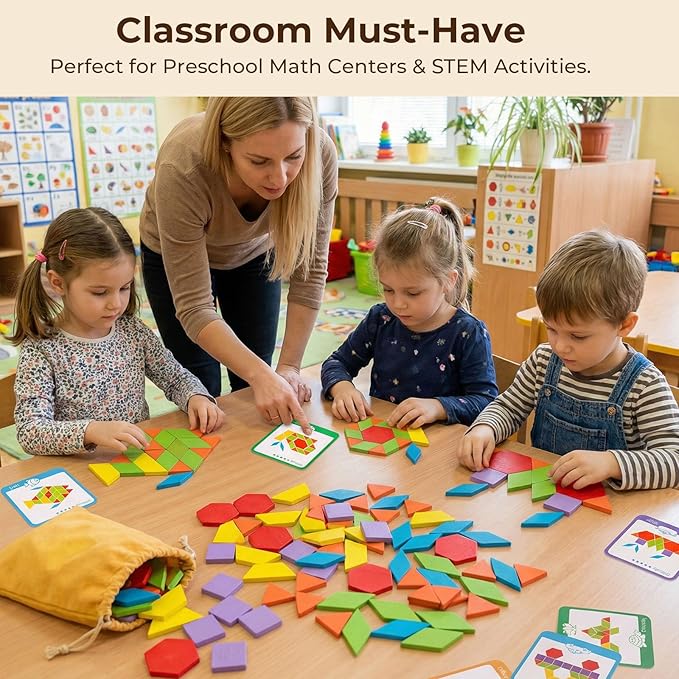 LovesTown 209 PCS Shapes Wooden Pattern Blocks for Kids, Geometric with Activity Cards and Storage Bag, Educational Tangram Puzzles,Great Learning Gift from Parents or Teachers