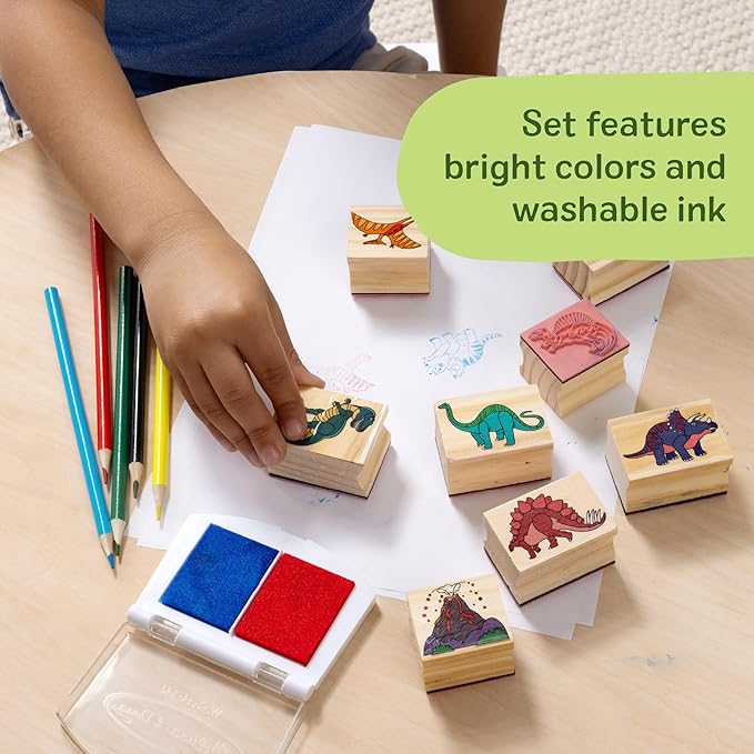 Melissa & Doug Wooden Stamp Set: Dinosaurs - 8 Stamps, 5 Colored Pencils, 2-Color Stamp Pad - FSC Certified