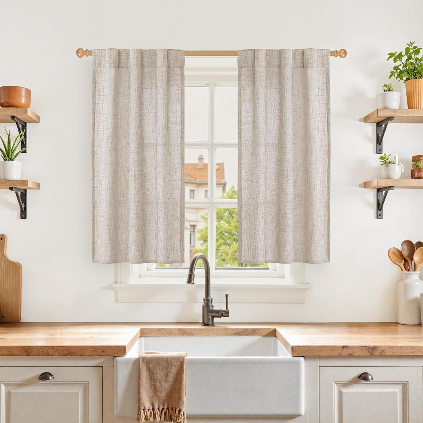 YoungsTex Cafe Linen Curtains 40 Inches Long for Kitchen Window Over Sink - Short Semi Sheer Drapes with Rod Pocket Back Tab Rustic Light Filtering for Front Door Bathroom, 2 Panels, 30 X 40 Inch