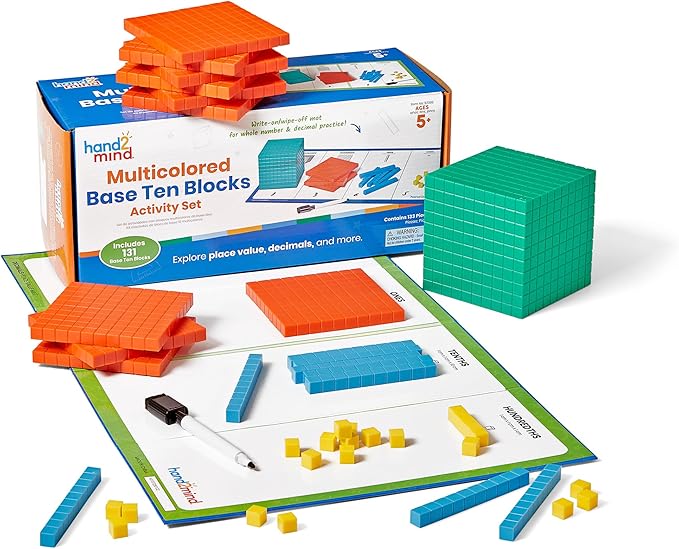 hand2mind Multicolored Base Ten Blocks Activity Set, Place Value Manipulatives, Base 10 Blocks for Math, Counting Cubes, Math Manipulatives 1st Grade, Small Group Classroom Must Haves (133 Pieces)