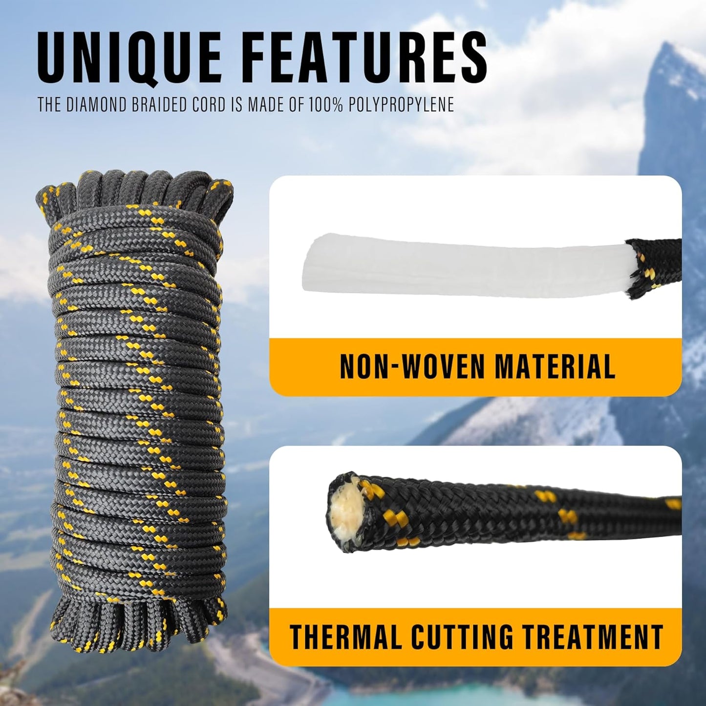 Diamond Braided Polypropylene Rope Nylon Rope Mix Thick Heavy Duty Ropes 3/8'' 100ft High Strength Perfect for Clothesrope Camping Hiking and Other Outdoor Activities Black