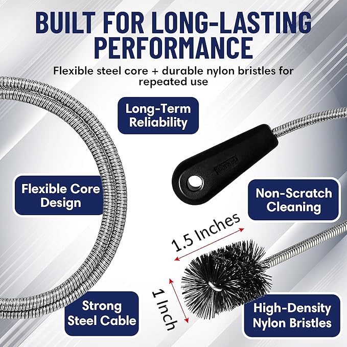 22" Long Sink Drain Cleaning Brush by FryOilSaver Co., Clog Remover for Small Spaces Perfect for Unclogging Sink, Toilet & Shower Drain, Drain Snake Hair Clog Remover, Tiny Pipe Cleaning Brush - B113C
