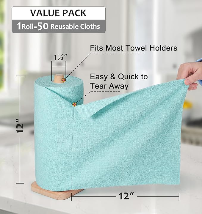 UPSTAR Microfiber Cleaning Cloth, Reusable Paper Towels Rolls, 50 Packs 12x12 inch Cleaning Rags for Washing Dishes, Kitchen, Bathroom, Car, Blue