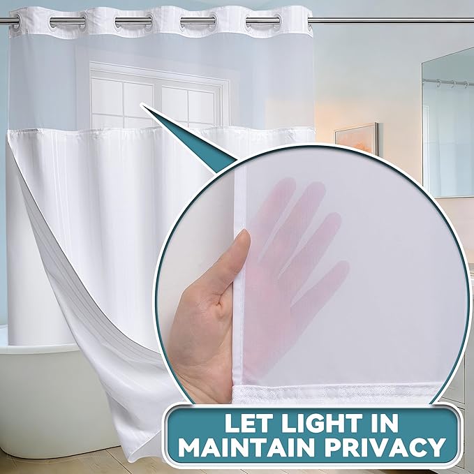 Conbo Mio Extra Long No Hook Waffle Weave Shower Curtain with Snap in Liner Set, Hotel Luxury White Shower Curtains for Bathroom with See Through Top Window, Waterproof, Washable 71W x 84H Stripe