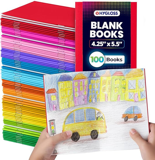 Hygloss Blank Books - Bulk 100 Pack – 4.25" x 5.5" A6 Assorted Colors – Paperback Blank Books for Kids to Write Stories, Doodle Art – Plain Drawing Sketchbook, Unlined Journal, Notebook Without Lines