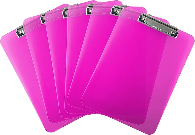 Trade Quest Plastic Clipboard Transparent Color Letter Size Low Profile Clip (Pack of 6) (Pink)