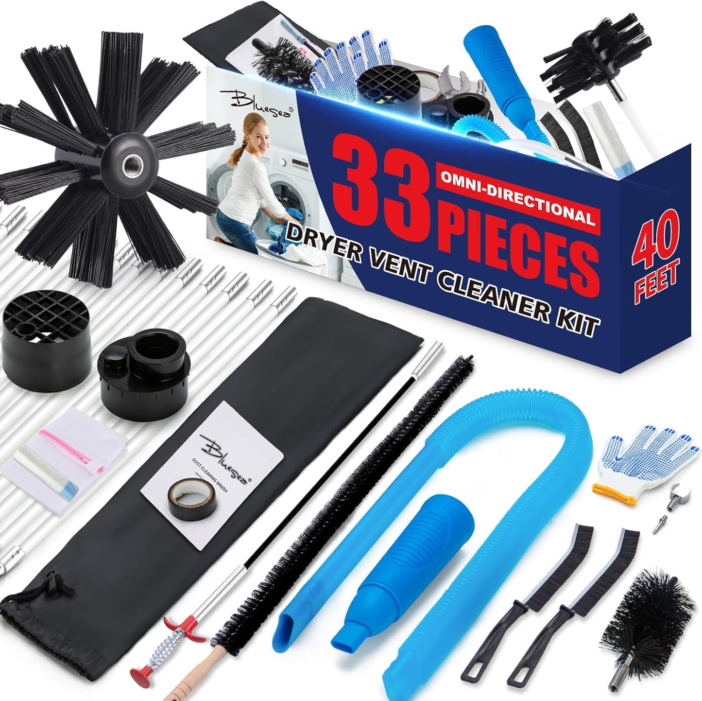 Dryer Vent Cleaner Kit, Bluesea 33-Piece Omnidirectional Dryer Cleaning Kit Include 40 Feet Dryer Vent Brush, Upgrade Noiseless Dryer Lint Vacuum Attachment, Lint Trap Brush, Vacuum & Dryer Adapters