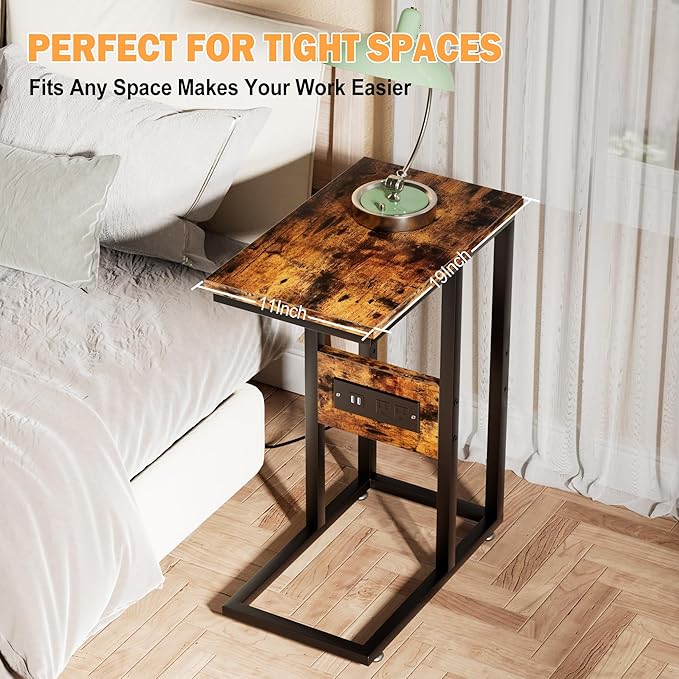 VECELO C Shaped End Table with Charging Station & Power Outlets, Quick Access Side Table for Sofa, C Bedside for Living Room Bedroom 1 Set,Brown
