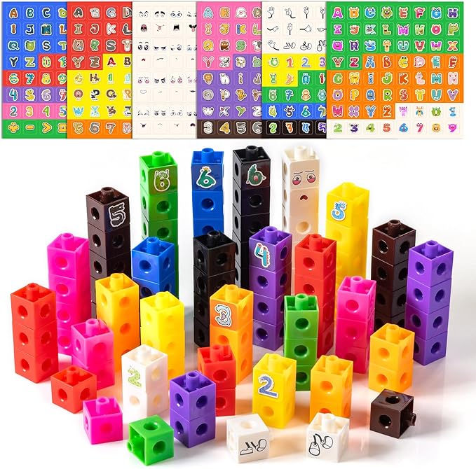 100 Pcs Math Linking Cubes with 384 Cartoon Stickers – Essential Counting Cubes for Kids Math Learning and Fun Activities
