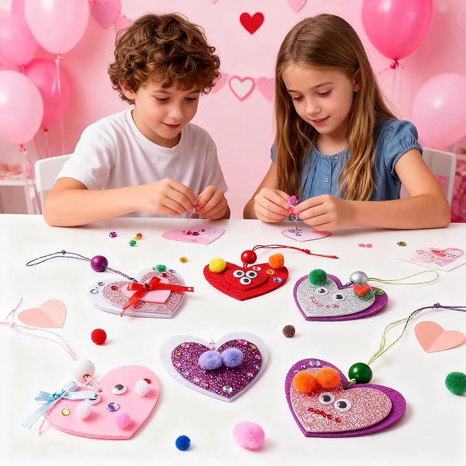 JOYIN Valentines Day 264 Pcs DIY Heart Felt Craft Set, Felt & Glitter Hearts & Wooden Beads & Plastic Eyes & Colorful Paper Ropes for Valentine's Day Kids Craft Party Classroom Ornaments Decorations
