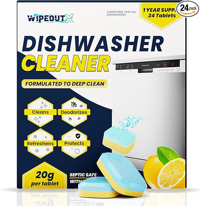 Dishwasher Cleaner – 24 Pack (1-Year Supply) Dishwasher Cleaner and Deodorizer Tablets, Odor and Smell Remover Septic Safe Natural Limescale, Calcium, Hard Water Marks & Grease Remover