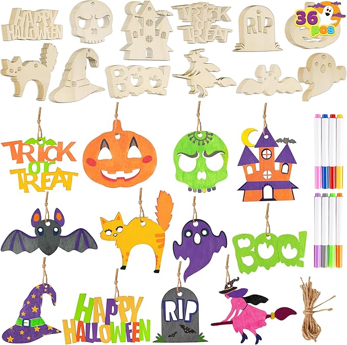 JOYIN 100 Pcs Halloween Craft Wooden Painting Kit, Halloween Party Supplies, Party Favors for Kids, Wood Blank Cutouts Ornaments, Gift Tags Decor for School Art DIY Activities Goodies Games