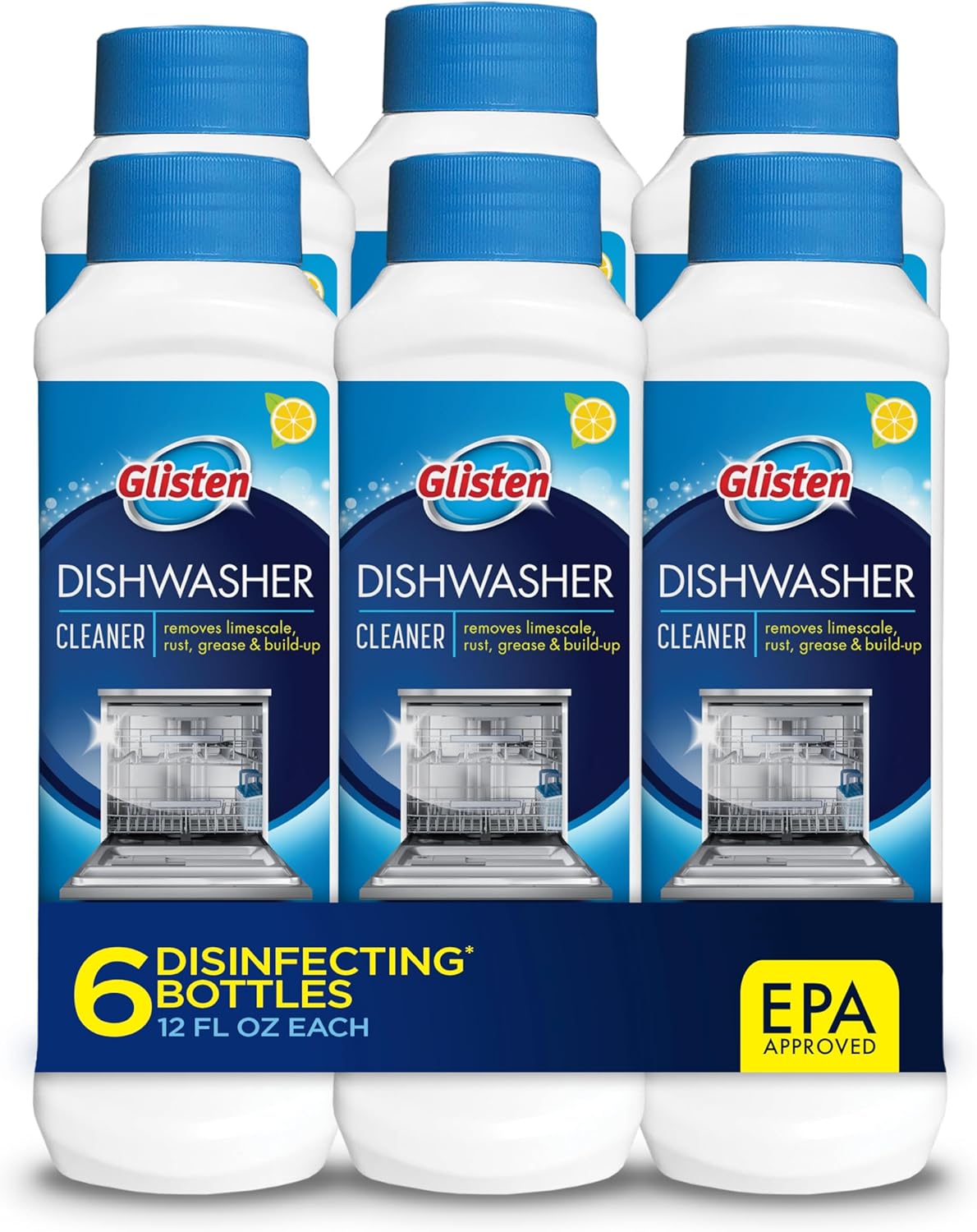 Glisten Dishwasher Cleaner, Removes Limescale, Rust, Buildup, and Grease, Lemon Scent, 12 Ounce Bottle, 6-Pack