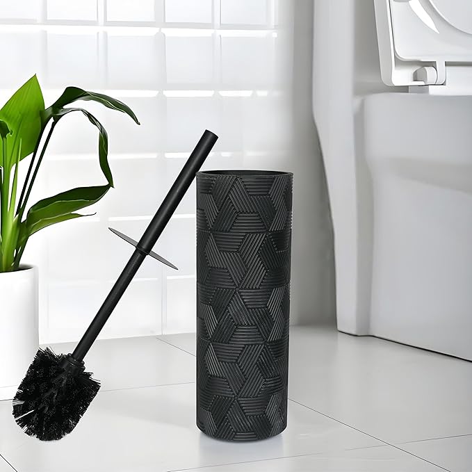 Matte Black Geo Design Resin Toilet Bowl Holder and Brush Set, Stylish Geometric Design with Durable Bristles, Compact and Modern