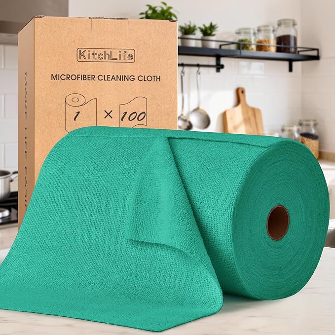 KitchLife Microfiber Cleaning Cloth Roll, 100 Pack - Tear-Away Microfiber Paper Towels, Lint-Free, Reusable, Washable for Kitchen, Car, Dishes, and Sensitive Surfaces (Forest Green)