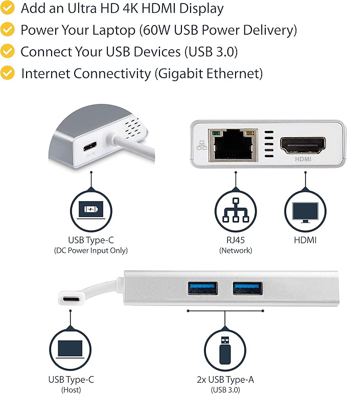 StarTech.com USB-C Multiport Adapter - USB-C Travel Docking Station w/ 4K HDMI - 60W Power Delivery Pass-Through, GbE, 2pt USB-A 3.0 Hub - Portable Mini USB Type-C Dock for Laptop - White, TAA