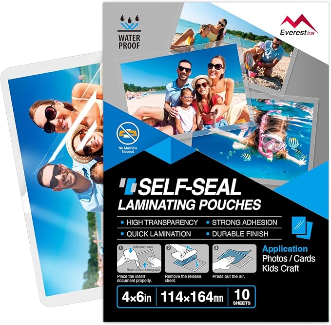 Everest Self Seal Laminating Pouches, Self Sealing for Photo Cards 4x6 Inch Size, Waterproof After Laminating, 10 Mil Thick, Gloss Finish, No Machine Neede (10, 4x6)