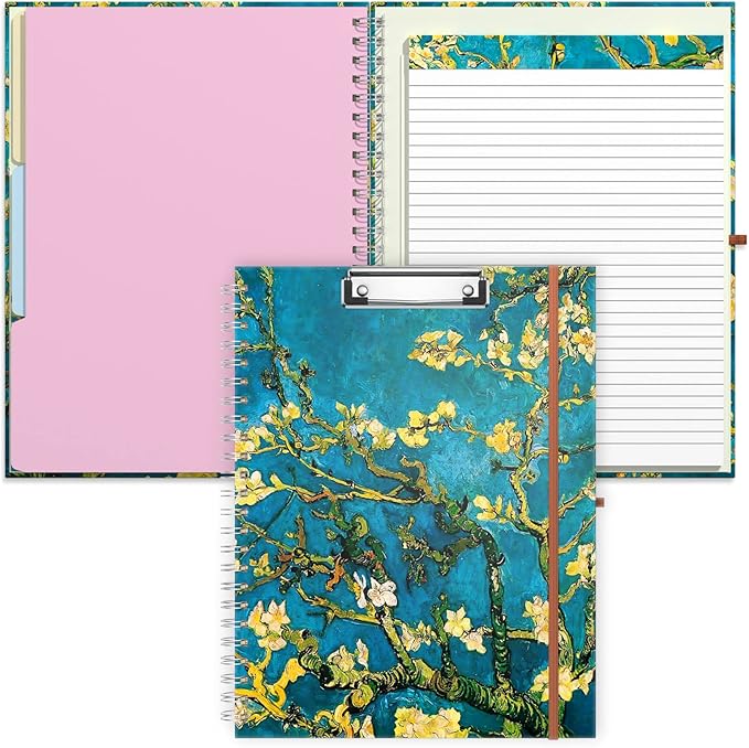 Rimilak Spiral Clipboard Folio with Refillable Lined Notepad, 14.5 x 9.8 in, Hardcover Cover with 5 Interior Pockets, Elastic Band and Pen Loop Series. Cute Stylish Clipfolio, Almond Tree
