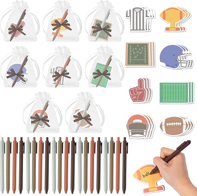 Xqumoi Football Sticky Notes with Pen Gift Set - 24 Set Football Sport Self Sticky Writing Memo Pads Ballpoint Pens with Mesh Bag Birthday Party Favors School Classroom Rewards Office Supplies
