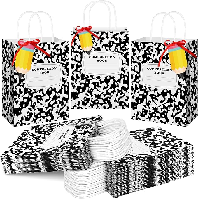 Kolldenn Teacher Gift Bags Composition Paper Bags with Handles Notebook Line Teacher Appreciation Graduation Gifts Bag for Kindergarten Preschool End of Year Party Favors Wrapping(36 Pcs,Composition)