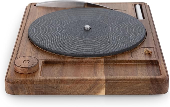 PICNIC TIME Turntable Cheese Board with Knife, Retro Vinyl Record Charcuterie Board, Spinning Lazy Susan Serving Slate Tray with Chalk for Labeling, (Acacia Wood)