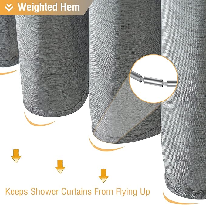 BTTN Long Grey Fabric Shower Curtain, 230GSM Linen Textured Heavy Duty Cloth Shower Curtain Set with Hooks, Waterproof Neutral Weighted Luxury Decorative Shower Curtains for Bathroom(Gray, W72xH78)