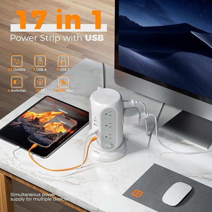 TESSAN Tower Power Strip with Individual Switches, Surge Protector with 12 Outlets, 5 USB Ports(2 USB C), Flat Extension Cord 10 Ft, 1250W, Charging Station for Multiple Devices, for Office, Dorm