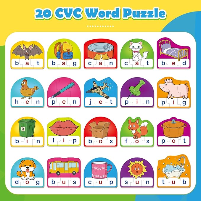 CVC Puzzle Cards for Kids, Toddler Speech Therapy Toys, 3 Letter Word Puzzle, Reading Spelling Game, Preschool Classroom Must Have