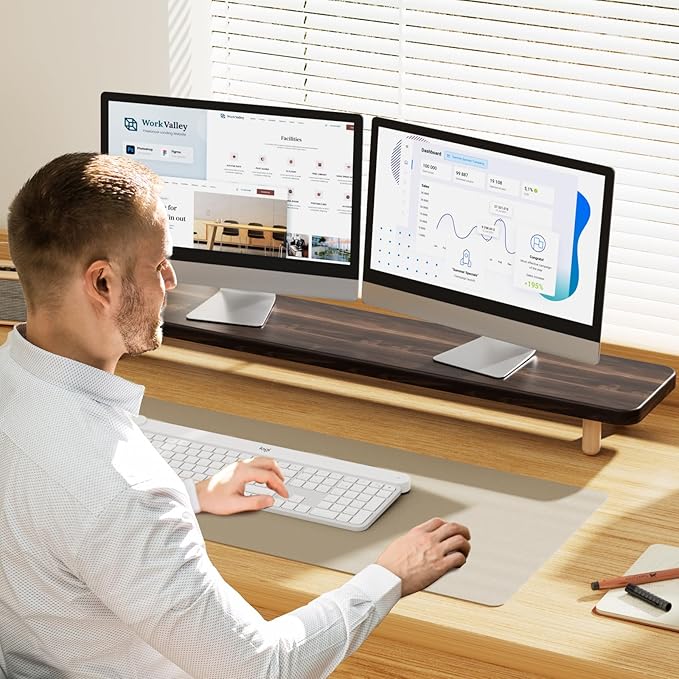 Dual Monitor Stand Riser, 39 Inch Extra Long Wooden Desktop Monitor Riser with Storage for 2 Monitors Ultra Strong Desk Shelf Organizer Riser Ergonomic for 2 Screens/Laptop/PC/TV/Printer, Dark Walnut