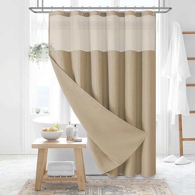 Dynamene Extra Long Shower Curtain, 84 Inch Long Waffle Fabric Shower Curtain for Bathroom, Tall Waterproof Cloth Shower Curtain Liner Set with Hook, Snap in Liner, Mesh Top Window, Beige, 72x84