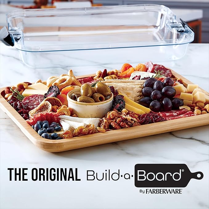 Farberware Build-A-Board Bamboo Cutting Board with Built-In Compartments & Clear Locking Lid, Black Handles – Charcuterie, Snack Tray, Food Prep and Serving Platter