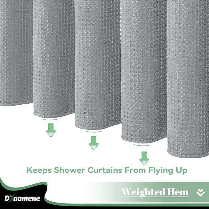 Dynamene Fabric Shower Curtain with Snap in Liner, Grey Waffle Hotel Shower Curtains for Bathroom, Washable Waterproof Cloth Shower Curtain Liner Set with Plastic Hooks, Mesh Top Window, 72x72, Gray