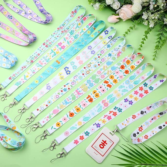 Marspark 14 Pcs Seasonal Holiday Lanyards for ID Badges Spring Easter Lanyards Floral Keychains Bulk Flower for Spring Seasonal Teacher Office Supplies