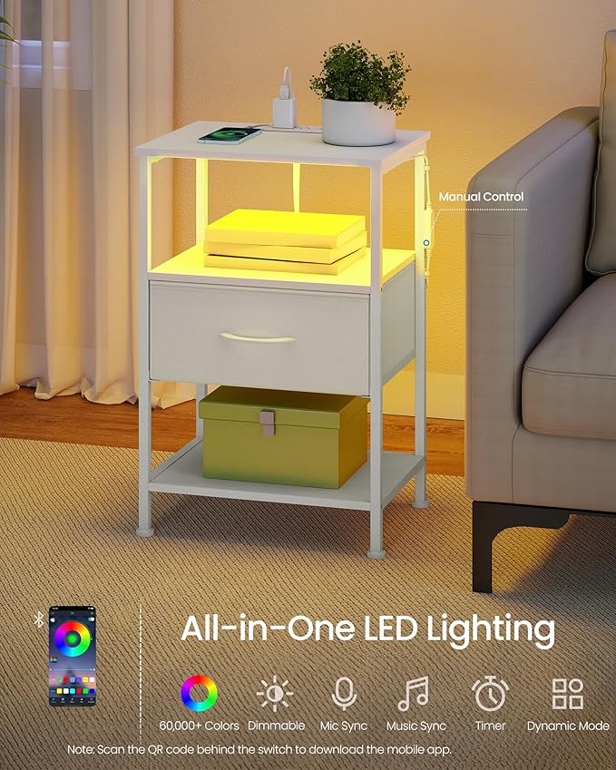 SONGMICS BELLAH Collection - Nightstand with Charging Station and App-Controlled Adjustable LED Lights, Bed Side Table, 1 Drawer and 2 Open Shelves, Bedroom, Cloud White and Snow White ULGS301WH01S