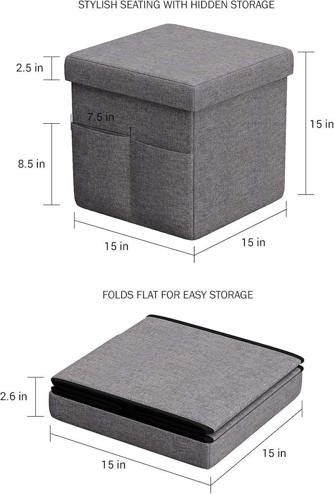 Set of 2 Ottomans with Storage Pockets - 15-Inch Folding Foot Rests or Storage Organizers for Bedroom, Living Room, or Dorm by Lavish Home (Gray)