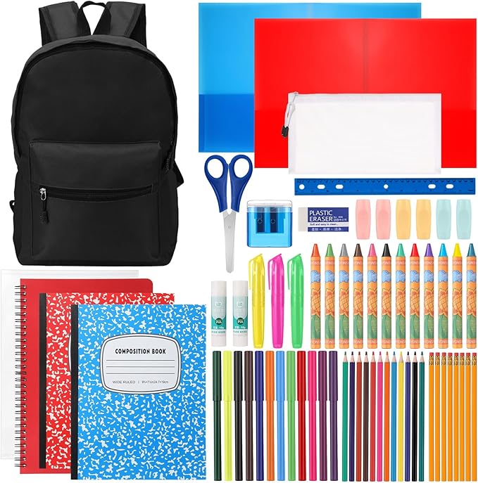 Back to School Supplies with Backpack Kids Kindergarten Preschool Elementary Supply Bundle Kit Middle High School Notebook for K-12 Student Girl Boy Classroom(Black)