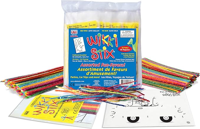 WikkiStix Assorted Fun Favors, Pack of 50. Arts and Crafts, Non Toxic, Waxed Yarn. Made in The USA. 8 Wikki Stix + Fun Playsheet. Manipulative Toys Used in The Classroom, at Home and While Traveling.