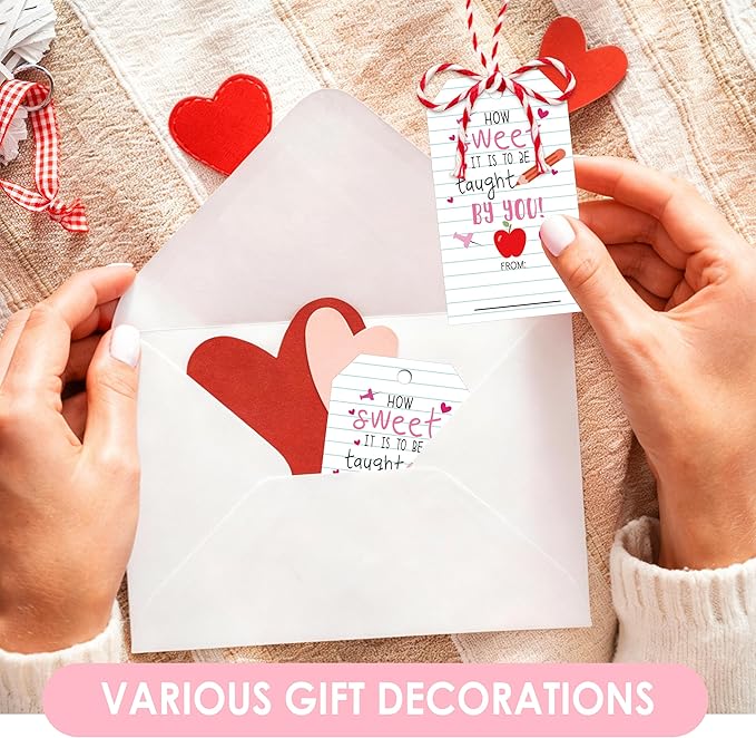 50Pcs Teacher Valentine's Day Tag - Happy Valentine Tags with String, Sweet Teacher Gift Label Idea Valentines Activity School Classroom Party Favors