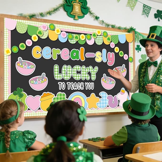 St. Patrick's Day Cereal-Sly Bulletin Board Lucky Shamrock Bulletin Board Decorations Rainbow Gold Coin Paper Cutouts for St. Patrick Party Supplies Home Classroom Chalkboard Wall Door Window Decor