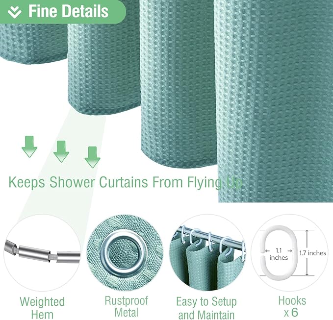 Dynamene Stall Fabric Shower Curtain - 36x72 Waffle Weave Weighted Cloth Shower Curtains for Bathroom, Neutral Heavy Duty Hotel Spa Luxury Bath Curtain Set with 6 Plastic Hooks,Teal