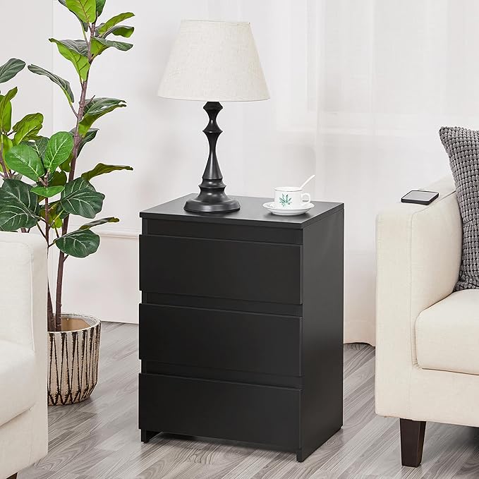 Yaheetech Nightstand with Drawer, 3 Drawers Bedside Table with Sturdy Base, Wood Bedside Cupboard Accent Table with Storage Space for Bedroom, Easy Assembly, Black