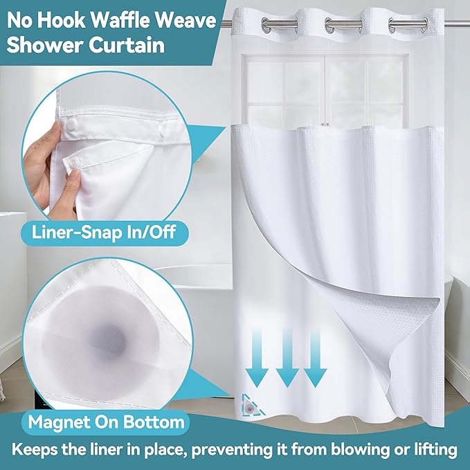 Conbo Mio Stall No Hook Waffle Weave Shower Curtain with Snap in Liner Set, Hotel Luxury White Shower Curtains for Bathroom with See Through Top Window, Waterproof, Washable 36W x 74H