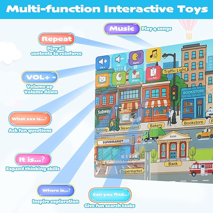 Learning Poster Mat with Talking Pen for Preschool Early Education Learning Toys, Talking Posters for Toddlers Ages 2-4 Grandkids, Interactive Sensory Autism Toys for Birthday Gifts