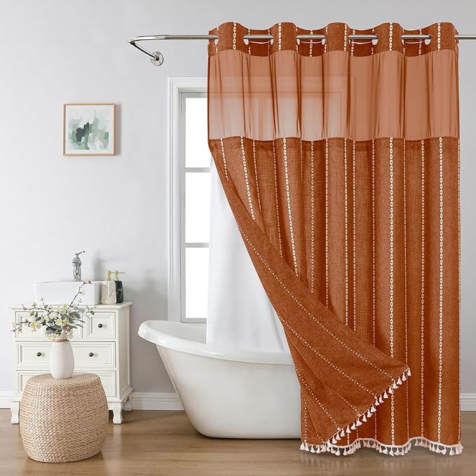 No Hook Extra Long Shower Curtain Set with Snap-in Liner,Linen Textured Thick Striped Fabric with Tassels,Boho Chic Modern Farmhouse Bathroom Curtain,Water-Repellent,Orange,71x86