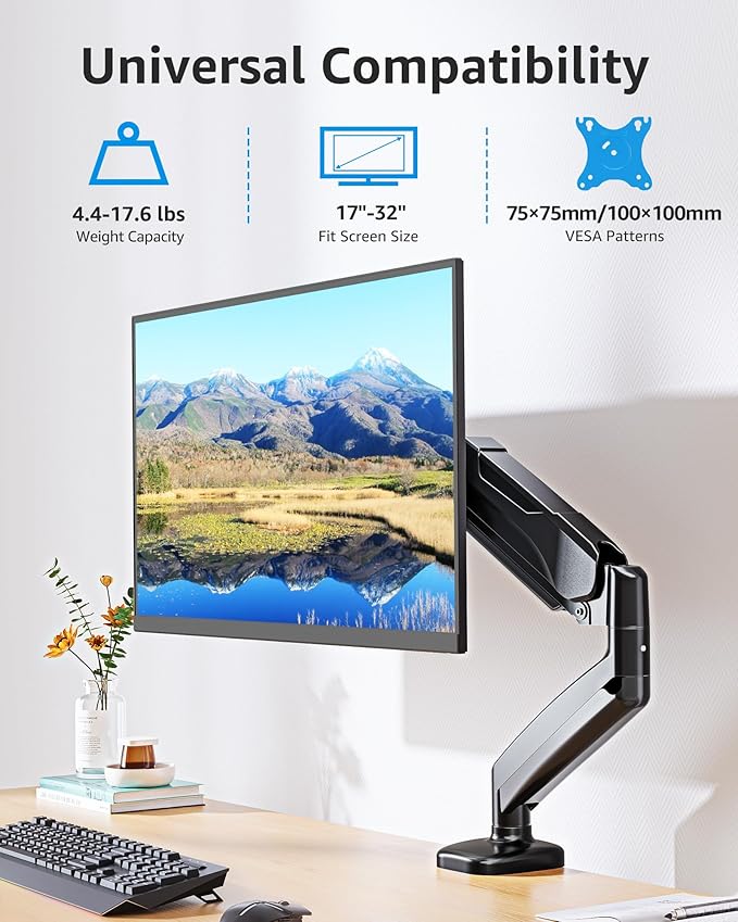 MOUNTUP Single Monitor Desk Mount Holds Screen up to 32 inch, Height Adjustable Monitor Arm, Computer Monitors Stand with Clamp/Grommet Mounting Base, VESA Mounts Fit 4.4-17.6lbs Computer, Black