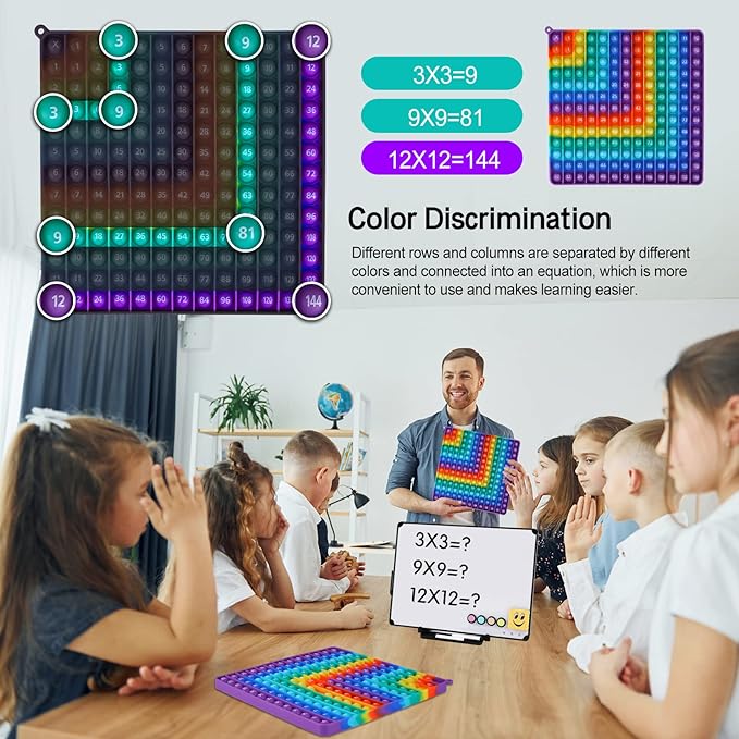 AK-SHIP Multiplication Game Table, 12 X 12 Multiplication Math Board Numbers Addition and Multiplication Table in one, Rainbow Dimple Fingertip Toys, Stress Relieving （1 Piece）