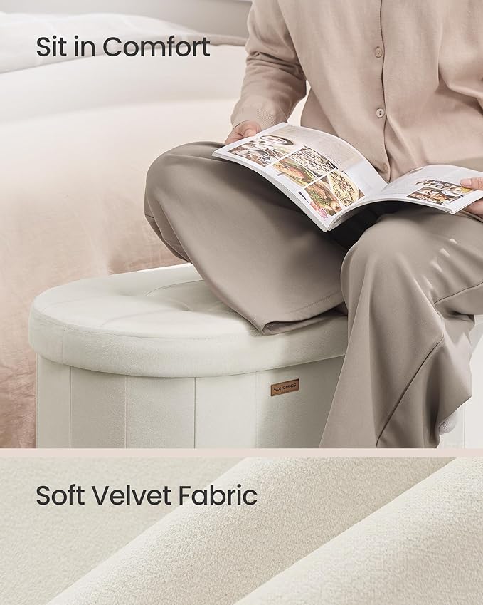 SONGMICS Mazie Collection - Folding Ottoman with Storage, Oval Storage Ottoman Bench, for Living Room, Bedroom, Velvet Fabric, 15 x 30 x 15 Inches, Cream White ULSF267LH01