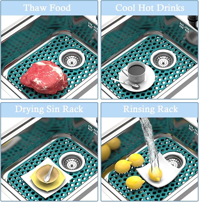 2 Pack Silicone Sink Protector for Kitchen Sink Bathroom, 13.58" x 11.6" Heat-resistant Sink Mat Non-Slip and Durable Silicone Protectors, Rear Drain, Green