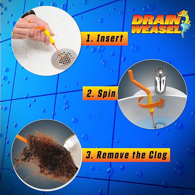 FlexiSnake Pro Drain Weasel Sink Snake Cleaner with New Molded Tip - 18″ - Drain Snake Clog Remover Tool with Rotating Handle & 5 Wand Refills - Easy to Use on Drains & Grates - Made in USA - 5-Pack