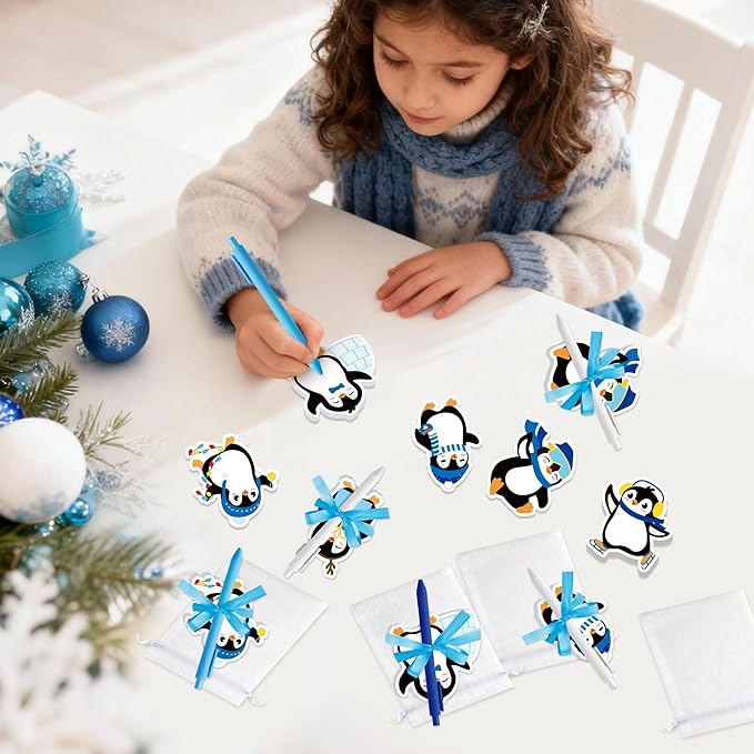 Xqumoi Winter Penguin Sticky Notes with Pen Gift Set - 24 Set Christmas Polar Animal Self Sticky Writing Memo Notepads Ballpoint Pens Mesh Bag Party Favors School Classroom Rewards Office Supplies